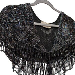 Vintage Rare LeMonde Fashions Silk Heavily Beaded Shawl Wrap Coverup Scarf Black